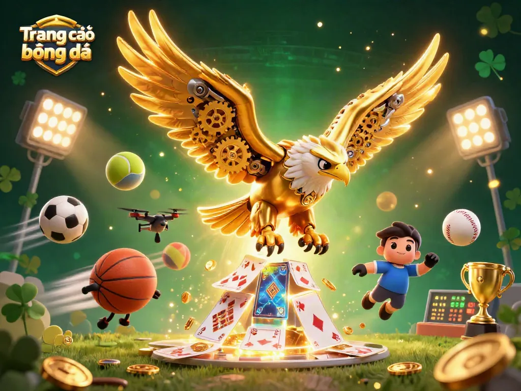 Engage in Trang cá độ bóng đá with a dynamic 3D visual of a golden eagle diving through sports elements and betting slips.