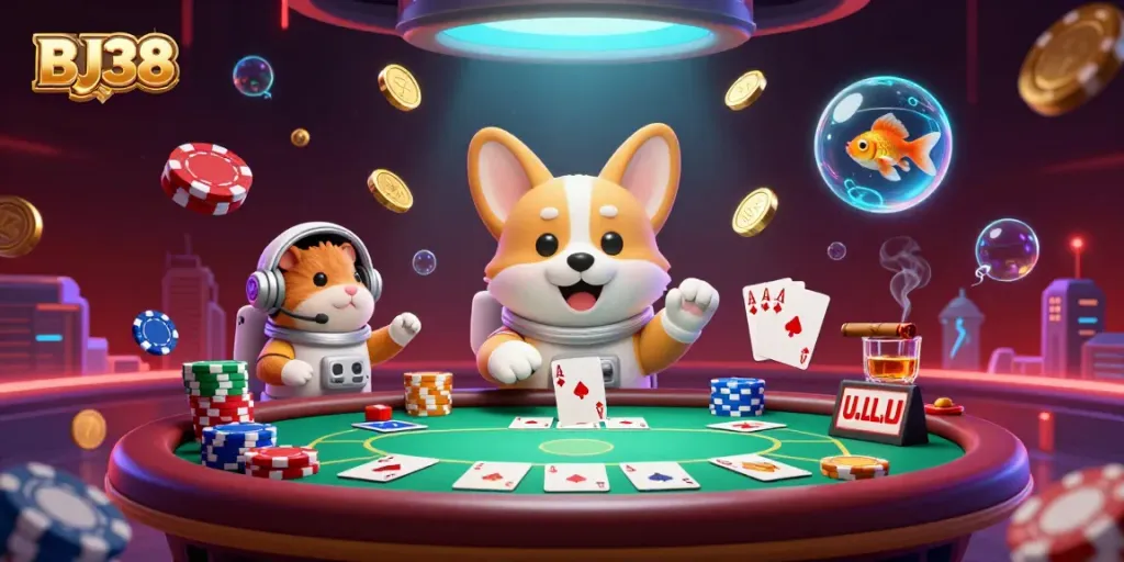 Experience the fun of BJ38 with a corgi astronaut in a vibrant casino scene surrounded by poker elements.