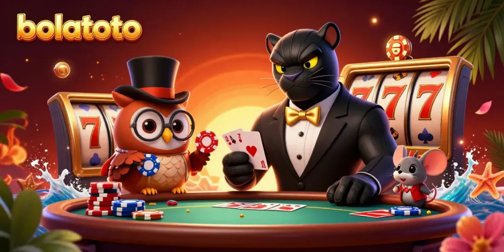 Experience the excitement of bolatoto with a stylish black panther dealer and whimsical characters in a vibrant casino scene.