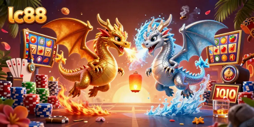 Engage with lc88's thrilling slots and jackpot features in a dynamic casino scene filled with vibrant colors.