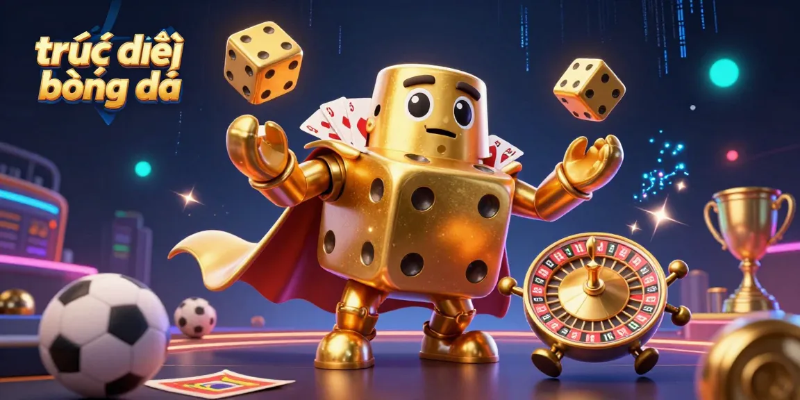 Experience trực tiếp bóng đá action with a golden dice golem, dynamic sports elements, and vibrant visuals.