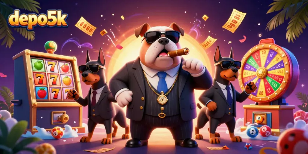 Experience the excitement of depo5k with a dynamic 3D scene featuring a mafia dog and slot elements.