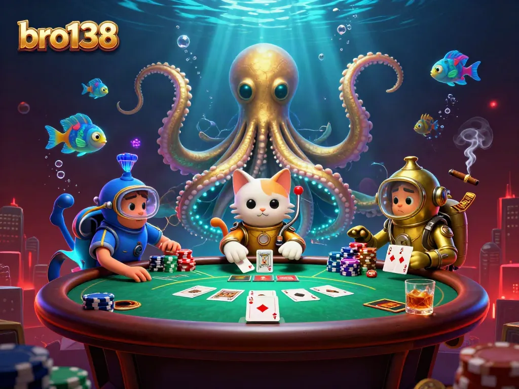 Experience bro138’s thrilling poker action with a colossal kraken and diving cat amidst colorful chips.