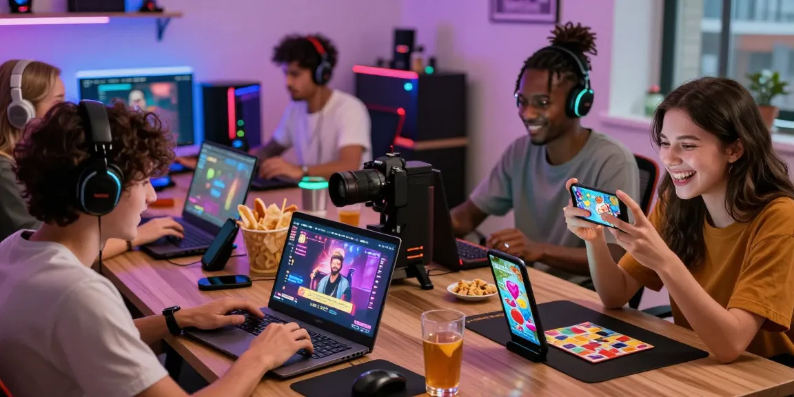 Engaged players enjoying an online porn game on different devices in a vibrant gaming setup.