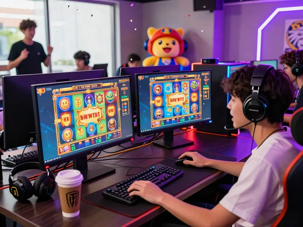 Player enjoying slot resmi games at a vibrant gaming desk with dual monitors, excited atmosphere.