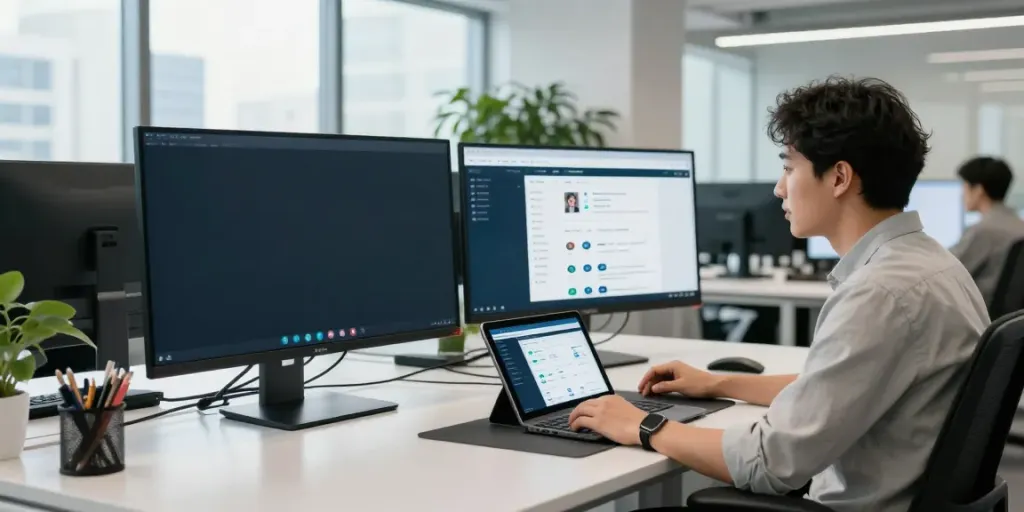 A professional discussing the A80 information platform in a modern tech workspace, showcasing collaboration and innovation.
