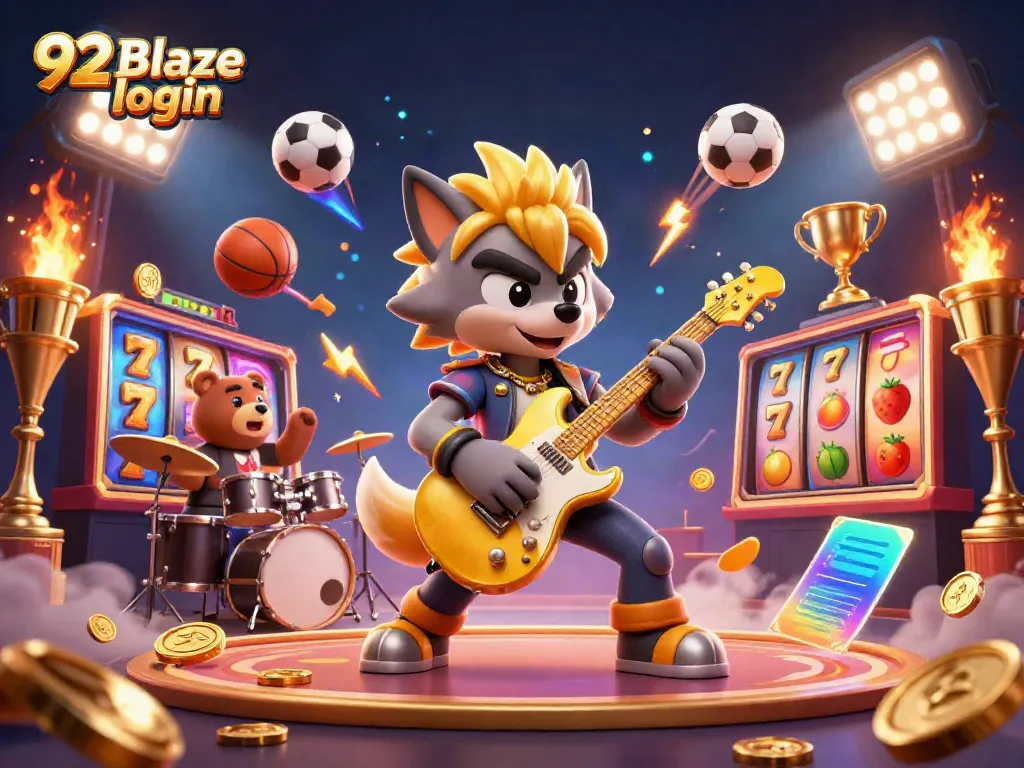 Experience thrilling gameplay with 92 Blaze login, where a rock star wolf performs on a vibrant casino stage.