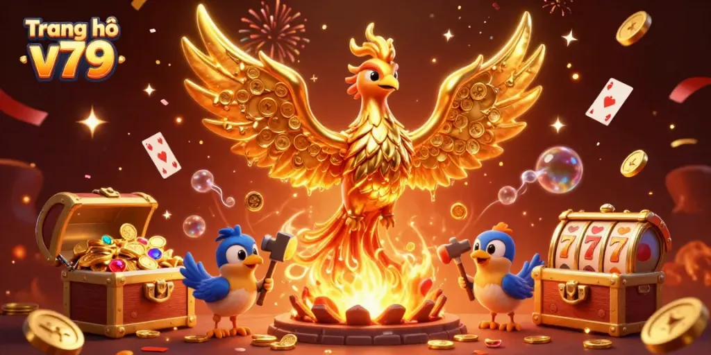 Experience the excitement of Trang chủ v79 with molten gold, casino symbols, and dynamic elements in this vibrant illustration.