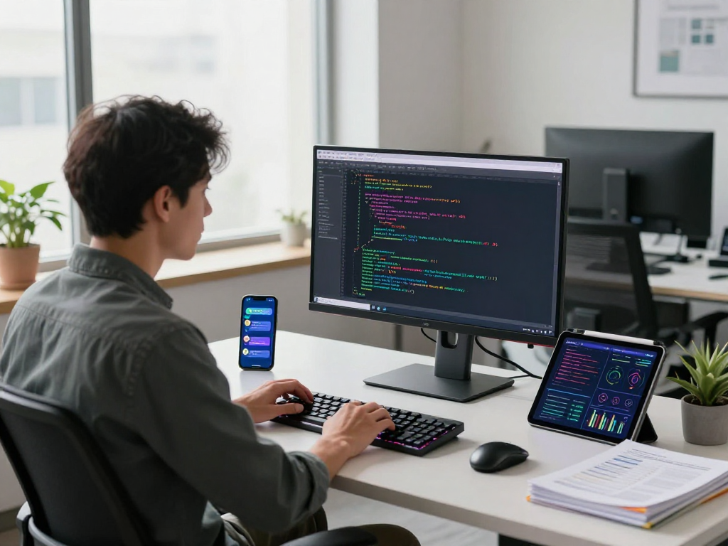 Engineer coding with spicy ai technology in a modern workspace, showcasing vibrant syntax and tech gadgets.