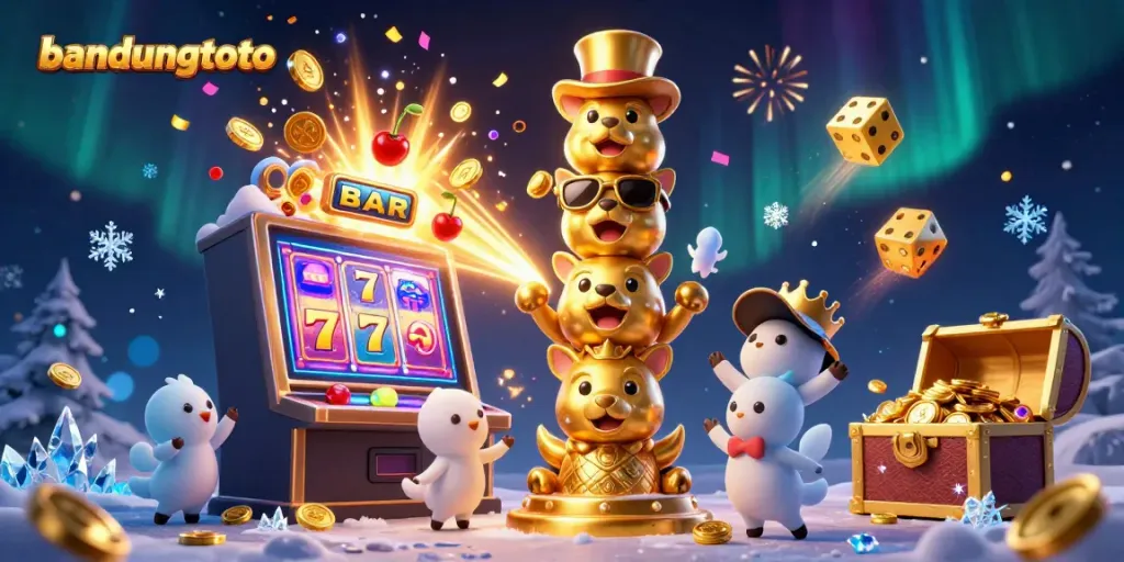 Experience ultimate excitement with bandungtoto's vibrant casino scene, featuring a golden totem, slot machine, and winning symbols.