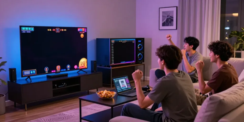 Engaged player enjoying slot gacor games in a lively living room atmosphere.