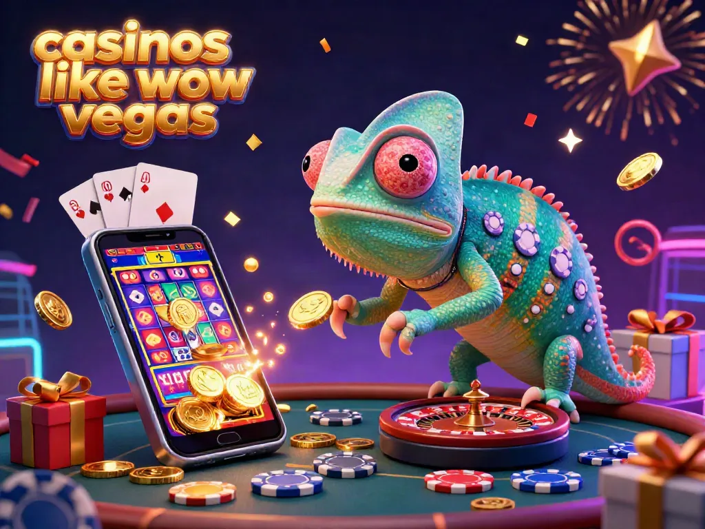 Experience excitement at casinos like wow vegas with a vibrant 3D illustration of a chameleon casino owner amidst lively game elements.