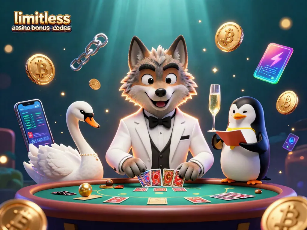 Experience thrilling limitless casino bonus codes while joining a wolf, swan, and penguin in vibrant action.