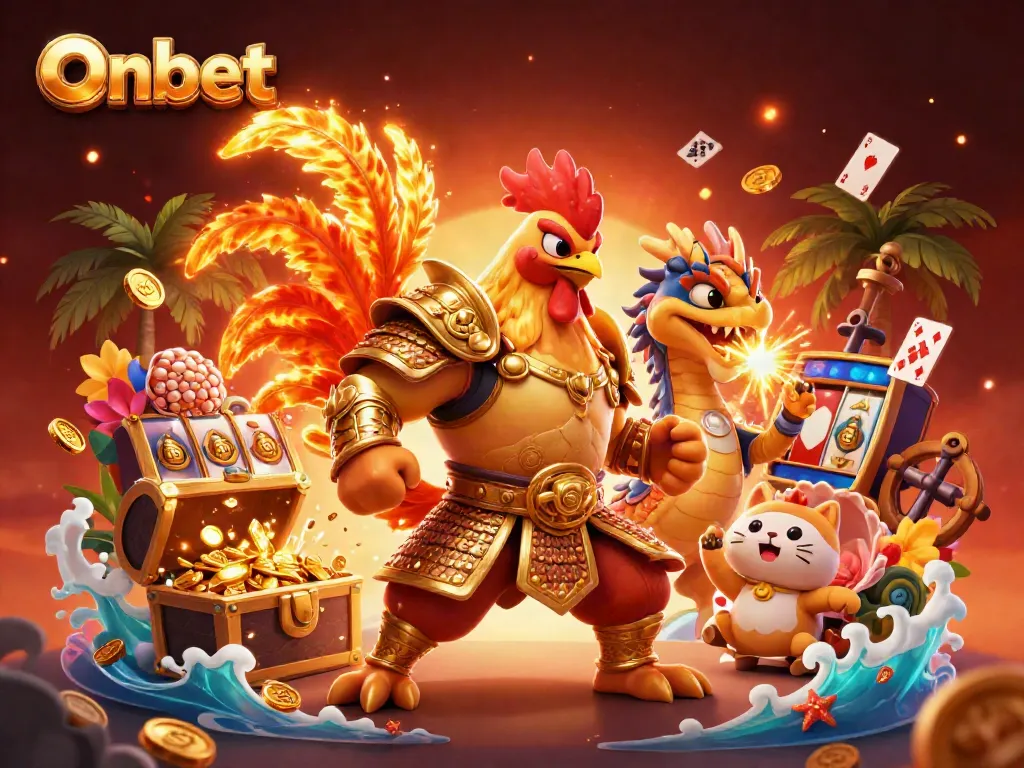 Experience the excitement at Onbet with dynamic gaming characters surrounded by casino treasures.