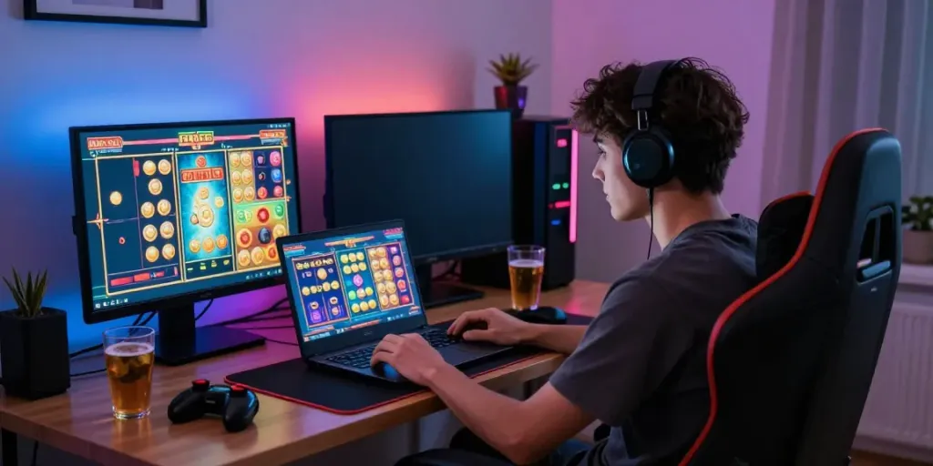 Player enjoying yumetoto online gaming on a laptop with vibrant graphics and cozy home decor.