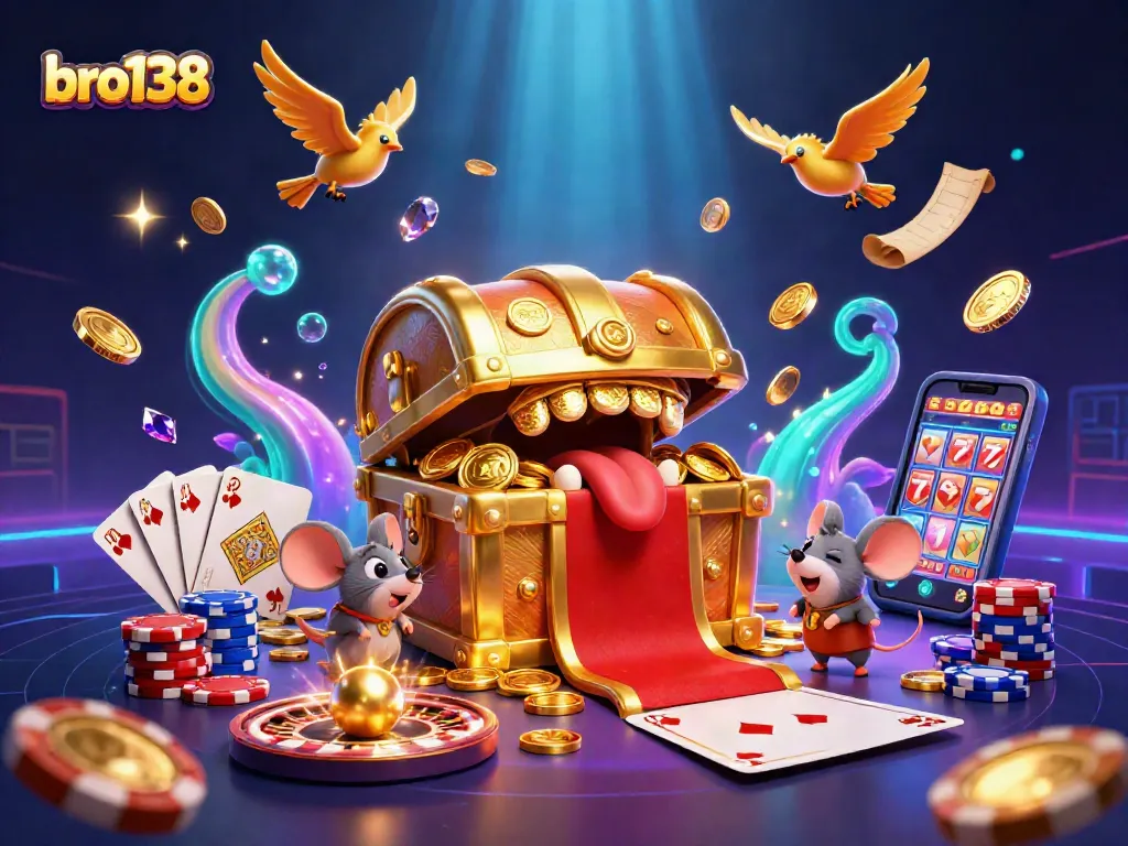 Spin big wins with bro138's exciting 3D treasure chest and vibrant casino-themed elements.