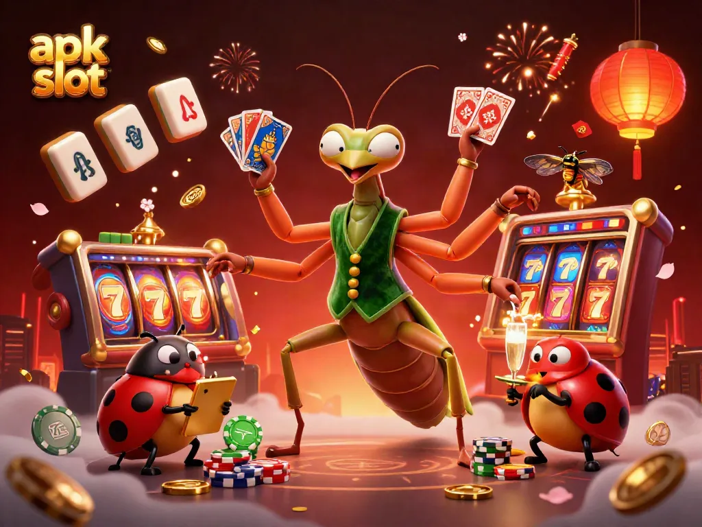 Experience the thrill of apk slot gaming with a vibrant casino scene featuring a giant mantis and ladybug dealer.