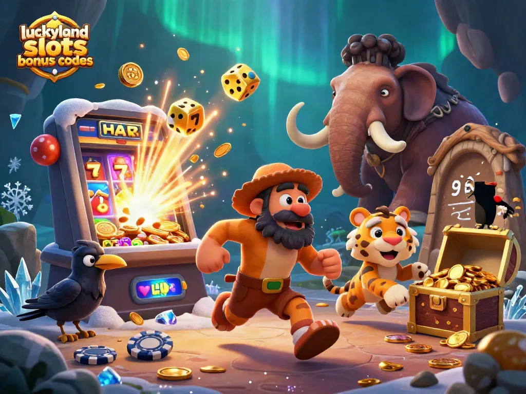 Engage with luckyland slots bonus codes in an ultra-detailed 3D scene featuring animated characters and casino elements.