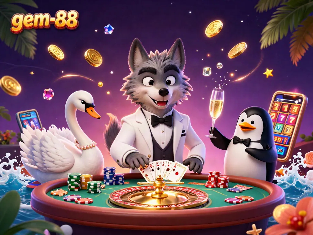 Experience thrilling gameplay at gem-88 with cartoon characters at a lively casino scene featuring golden coins and vibrant game elements.