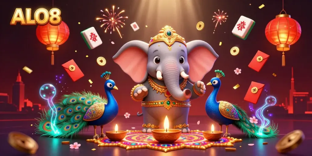 Engage with ALO8 in this vibrant 3D scene showcasing rich gambling elements and festive characters to enhance your gaming experience.