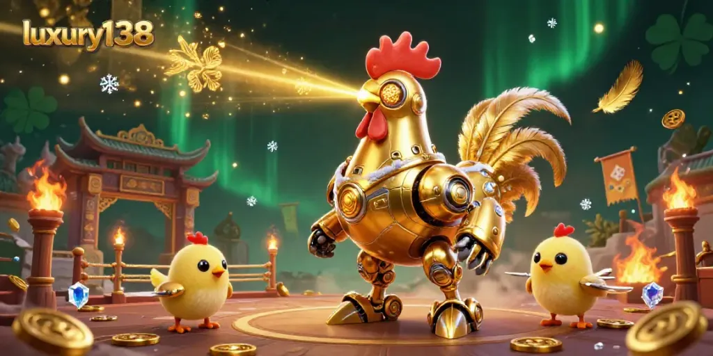 Engage with luxury138 in this dynamic casino scene featuring a golden rooster robot and baby chick drones.