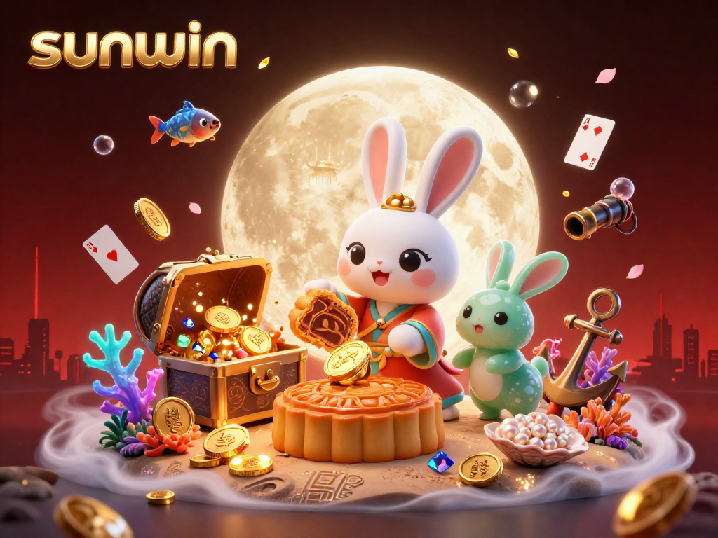 Experience the thrill of sunwin with a moon rabbit revealing poker chips in a 3D casino scene.
