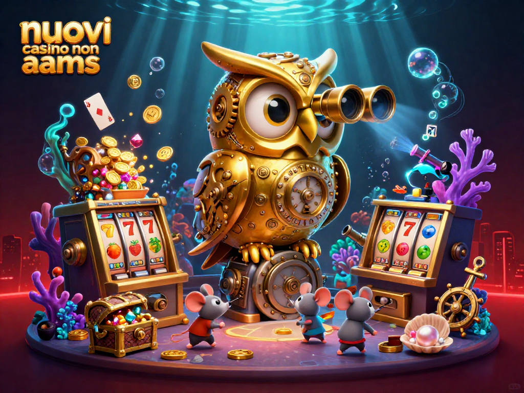 Scopri i nuovi casino non aams con un'illustrazione 3D di un gufo d'oro in un casinò con giochi e gemme.