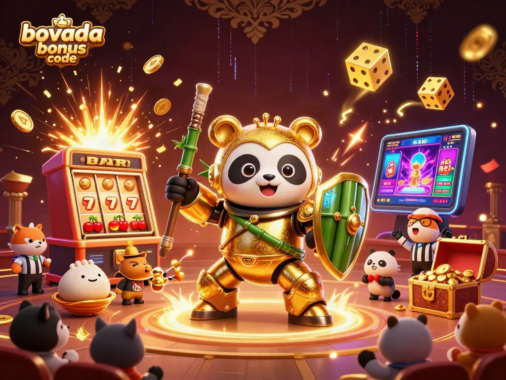 Engage with the vibrant bovada bonus code scene showcasing a mech-suit panda and slot machine explosion.