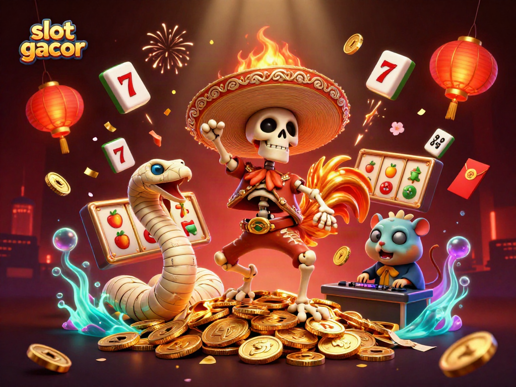 Engage with slot gacor as a joyful skeleton mariachi rooster celebrates on coins, flanked by fun characters.