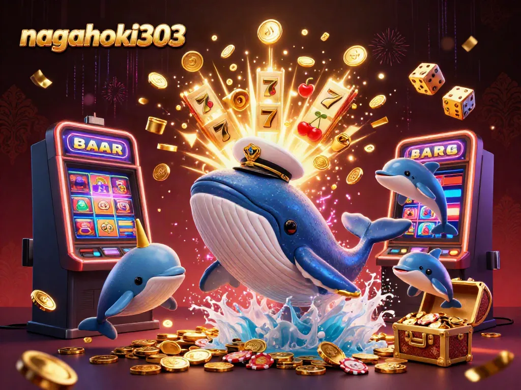 Permainan judi slot menarik dengan nagahoki303, paus kartun besar dan lumba-lumba, serta mesin slot.