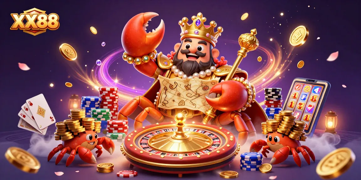 Engage with XX88's thrilling casino experience featuring the golden crab emperor and vibrant game elements.