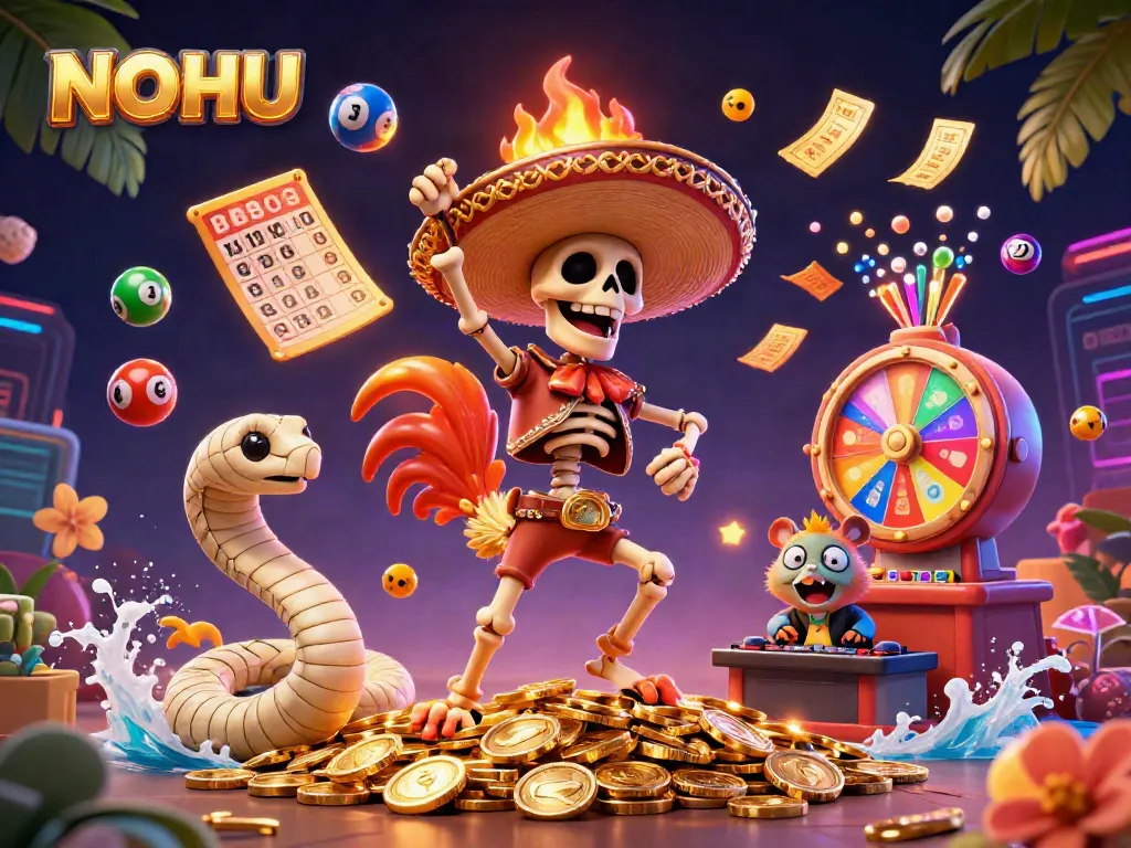 Experience the dynamic rewards of NOHU with colorful casino elements and engaging characters.