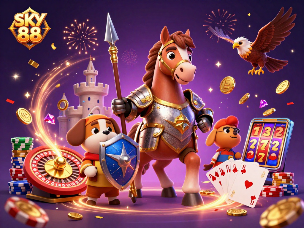 Engage in thrilling betting experiences with SKY 88's dynamic casino scene featuring knights and gems.