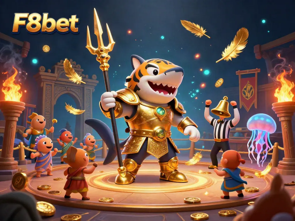 Experience the thrill at F8bet with an underwater casino showdown featuring a golden gladiator shark.
