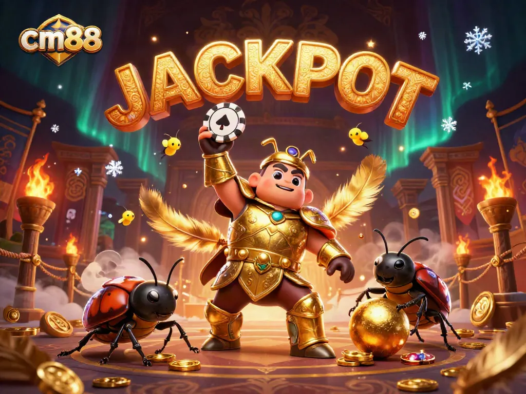 Join cm88 for thrilling online gambling experiences, featuring a heroic beetle lifting poker chips and vibrant jackpot effects.