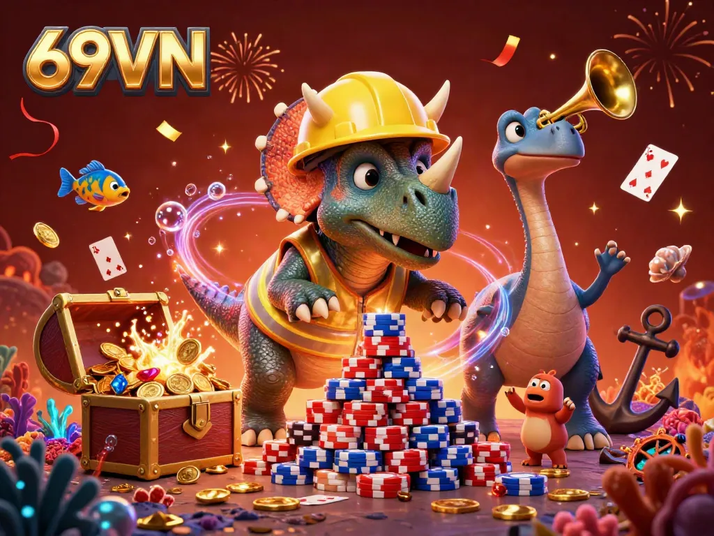 Engage with the vibrant world of 69VN, featuring characters celebrating wins amidst casino elements for an exhilarating experience.