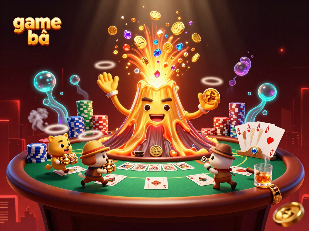 Engage with the thrilling game bài experience, featuring a golden volcano erupting coins and treasure.