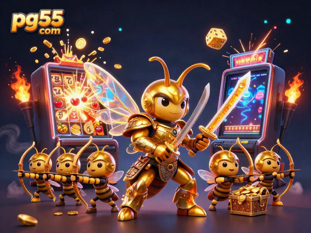 Win big at pg55 com with a thrilling jackpot explosion, featuring unique 3D characters and casino elements.