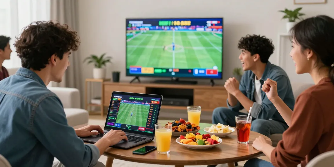 Exciting hargatoto live sports betting scene with friends in a modern living room during game night.