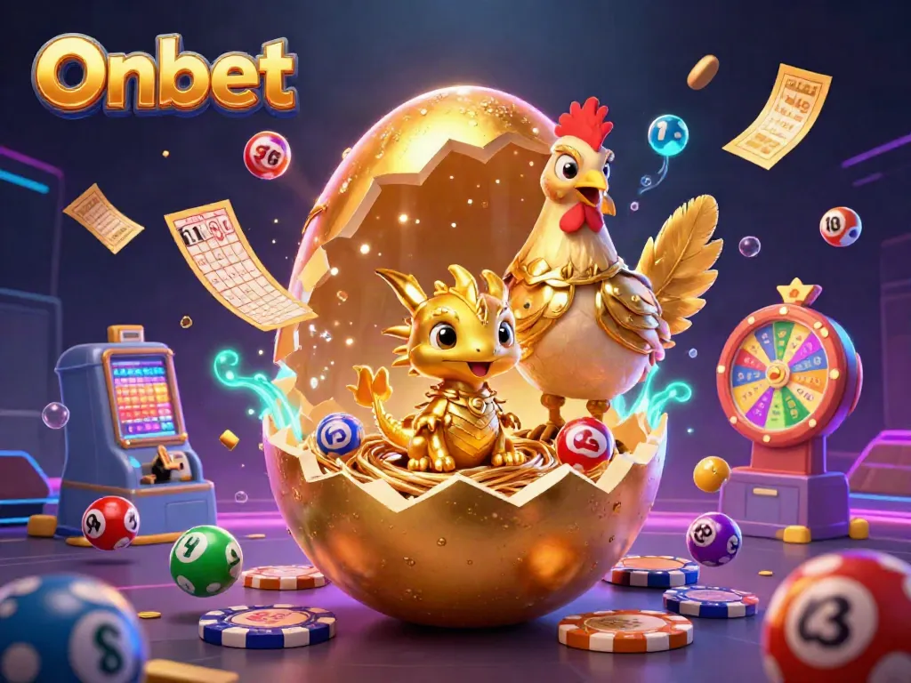 Experience thrilling gaming excitement with Onbet's vibrant 3D scene of golden characters and dynamic lottery elements.