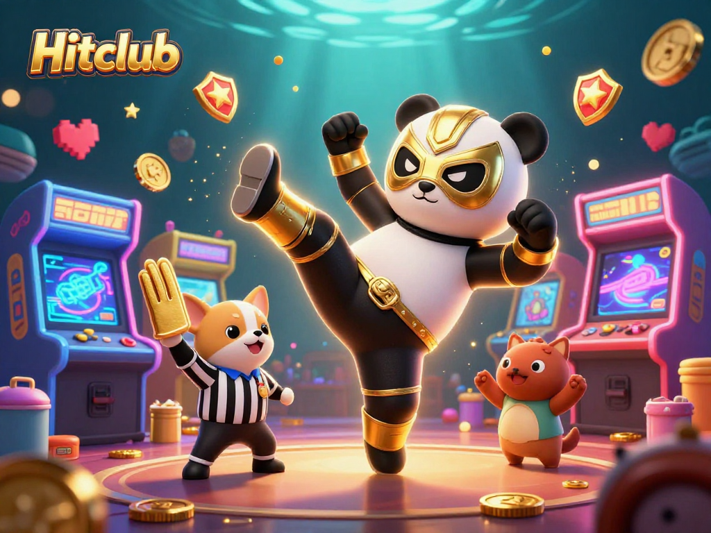 Hitclub: Witness the panda wrestler in action amidst electrifying casino games and joyous animal fans.