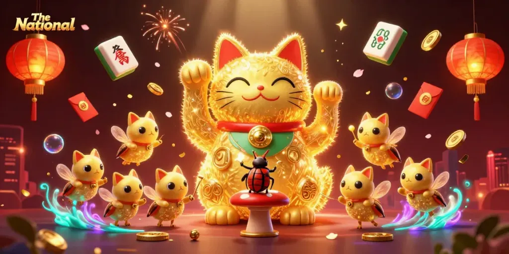 The National creative casino art showcasing a colorful lucky cat symbolizing good fortune.