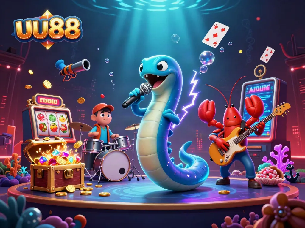 Experience excitement at uu88's underwater casino with electric eel DJ and treasure.