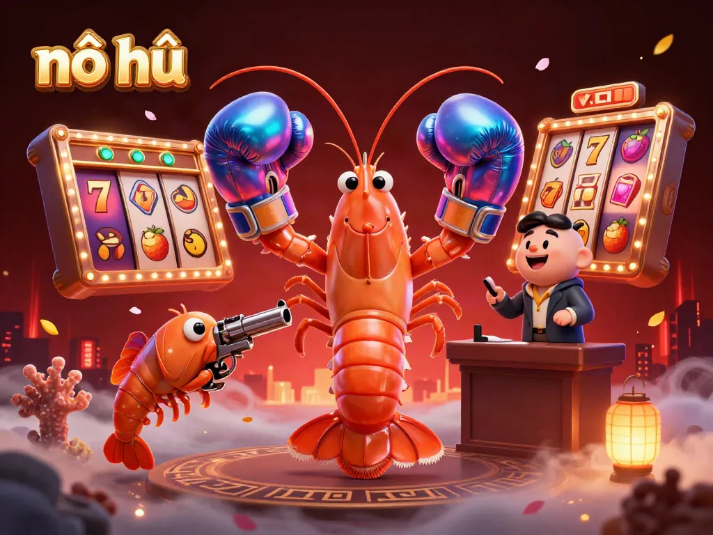 Ignite your luck with nổ hũ as vibrant 3D shrimp characters celebrate jackpots and winning moments.