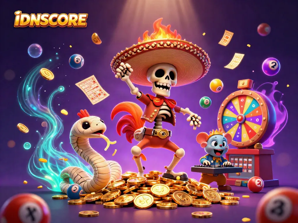 IDNSCORE platform showcased with a vibrant 3D illustration featuring thrilling casino elements and colorful characters.