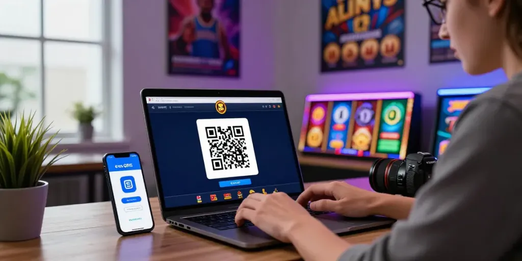 Engaging online gambling scene showcasing slot qris payment method with laptop and smartphone.