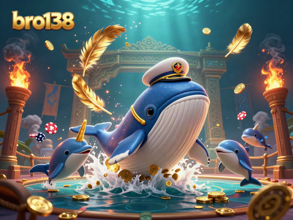 Join the excitement of bro138 with a vibrant underwater casino adventure featuring a playful whale and dolphins.
