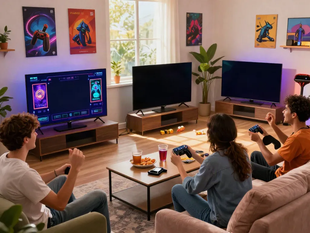 Friends enjoying a slot demo together in a cozy living room setup filled with gaming decor.