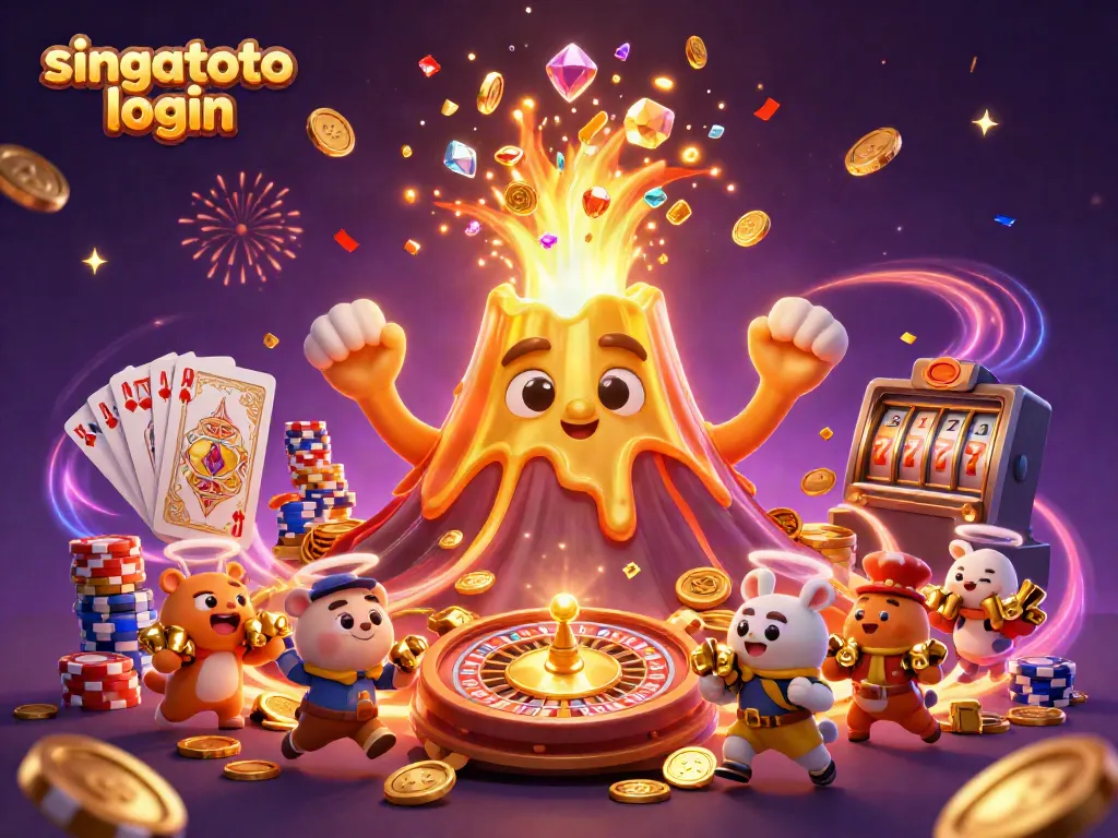 Immerse in the excitement of singatoto login with a vibrant 3D casino scene bursting with treasures.