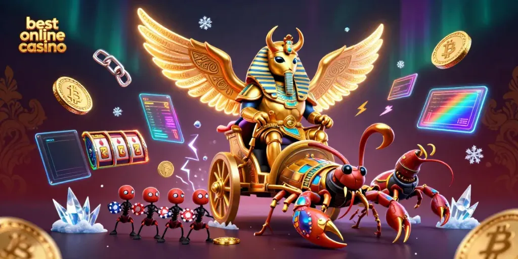 Engage in thrilling gameplay at the best online casino with a dynamic 3D scene of crypto characters and slot elements.